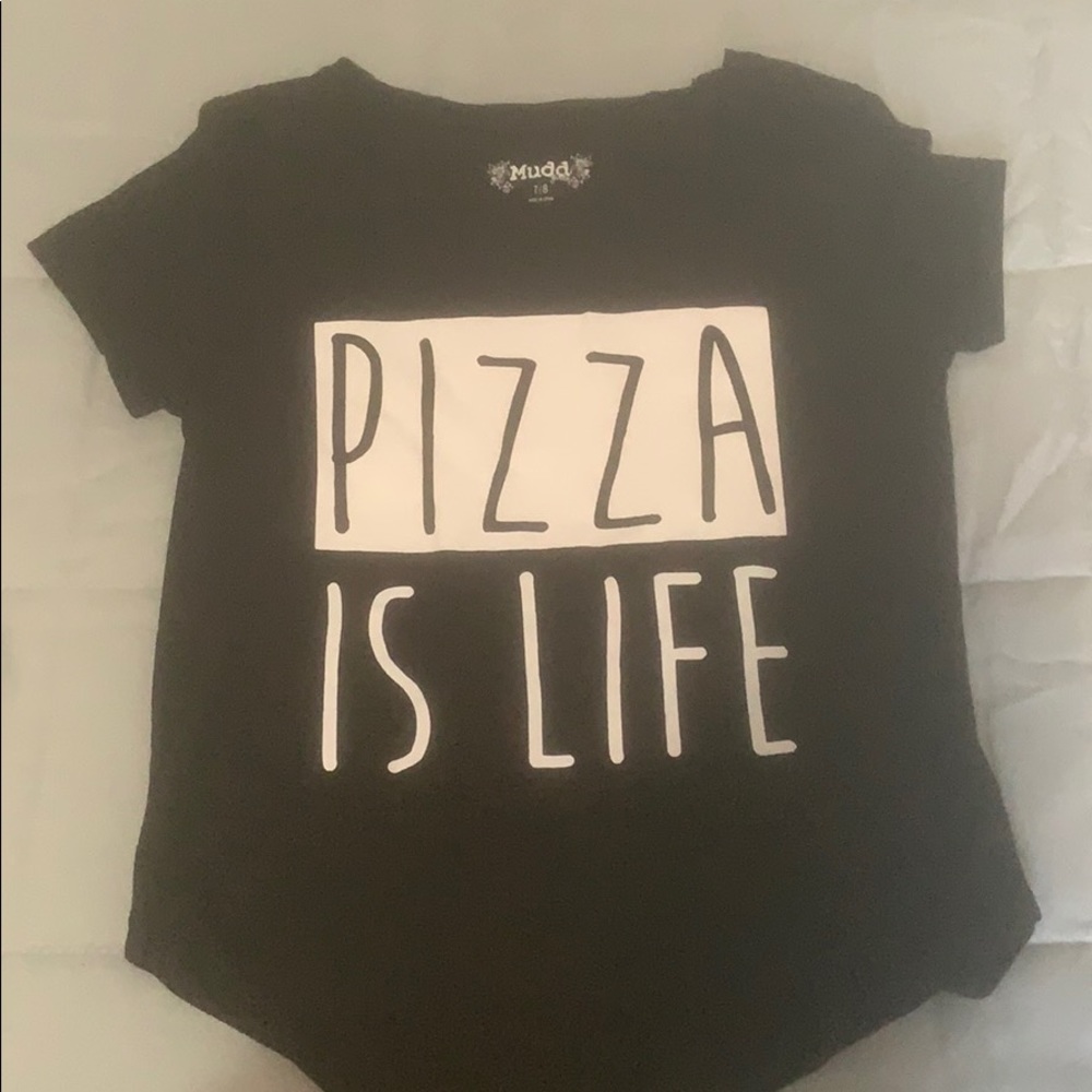 Black kids shirt with pizza is life on it